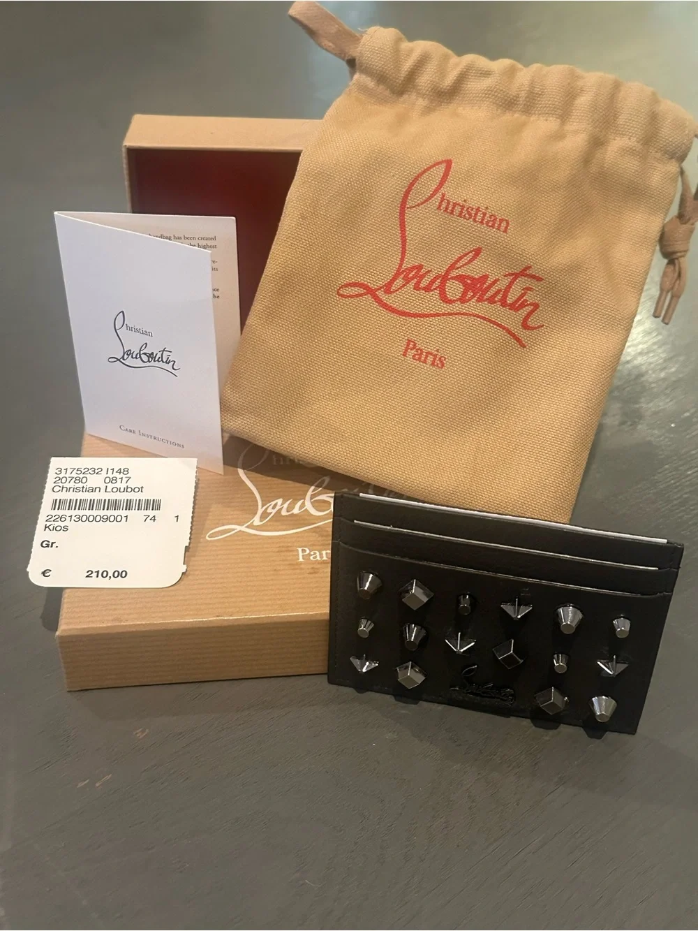 NWT Christian Louboutin Black Studded Leather Card Holder w/ Box & Dust Bag